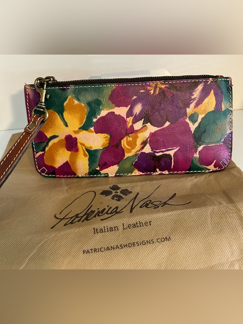 Patricia Nash Floral Leather Wristlet in Purple, Yellow, Green, Brown